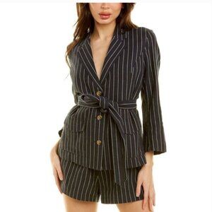 New DANNIJO Striped Pinstripe Belted Blazer in Navy